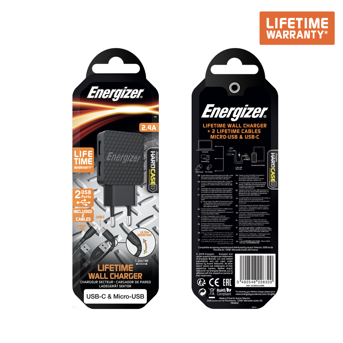 Sạc Energizer LW 2.4A 2USB  kèm cáp USB-C2.0 màu đen - AC2BEULCMM